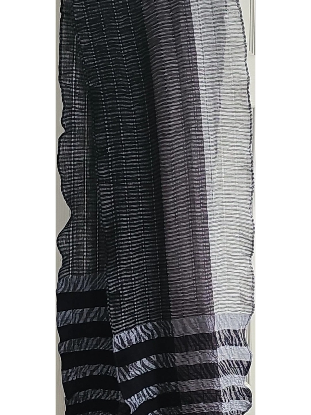 Women Black Gray White Striped Viscose Rectangle Scarf Wrap with Fringe Accents